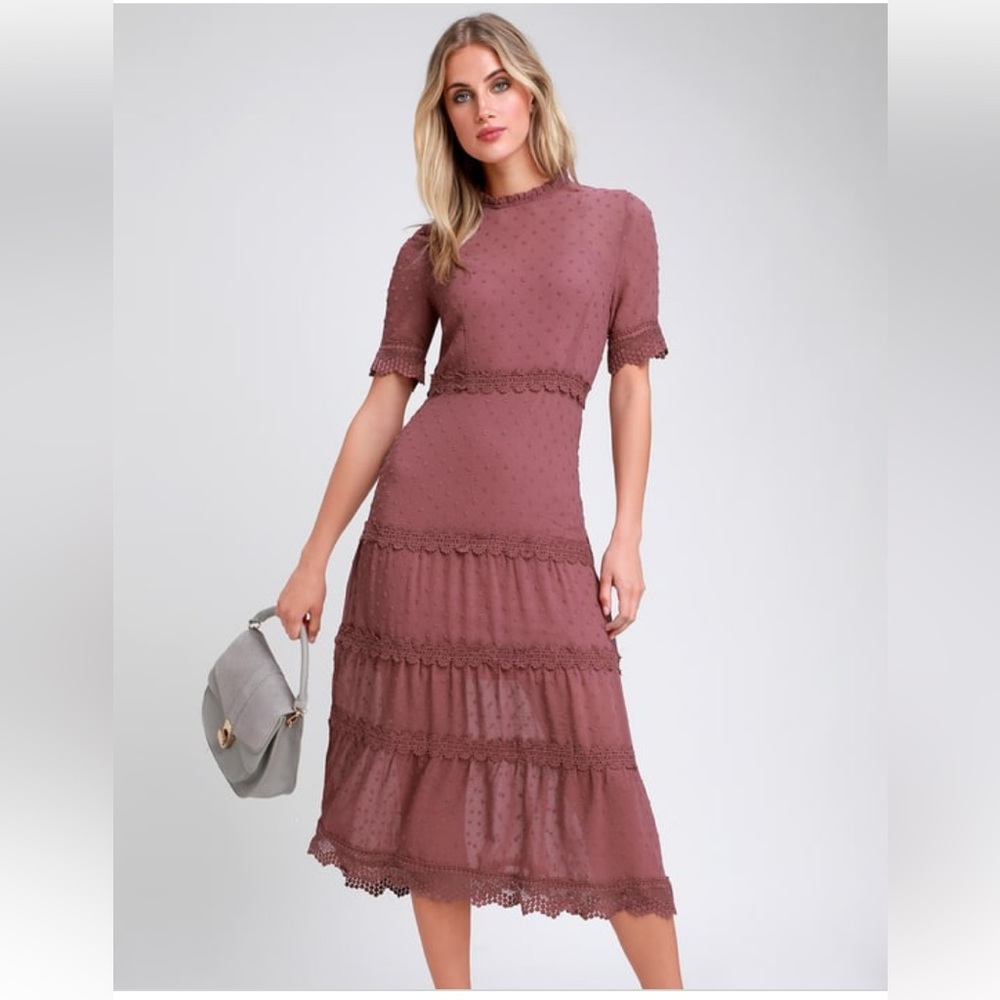 NWT Lulus Dreaming of You Mauve Purple Swiss Dot Midi Dress- Size M